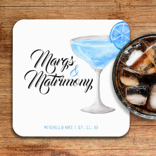 Margs & Matrimony Blue Bridal Shower Square Paper Coaster
