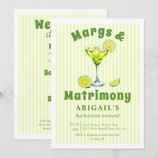 Margs & Matrimony cocktail bachelorette weekend Invitation (Front/Back)
