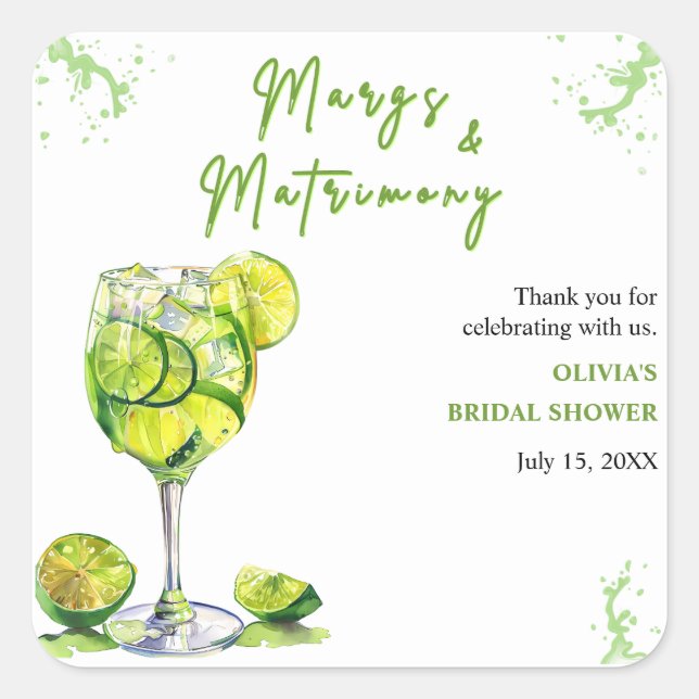 Margs & Matrimony Cocktail Bridal Shower Thank You Square Sticker (Front)