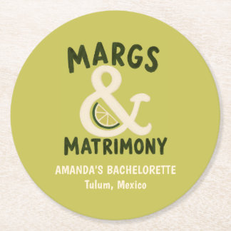 Margs & Matrimony Lime Green Bachelorette Party Round Paper Coaster
