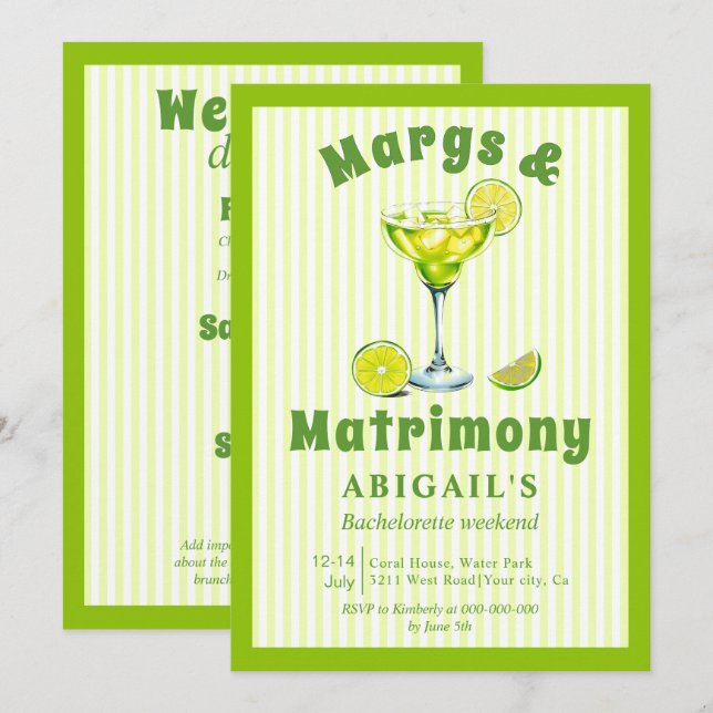 Margs & Matrimony lime green bachelorette weekend Invitation (Front/Back)