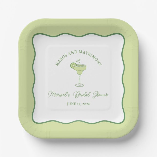 "Margs & Matrimony" Lime Margarita Bridal Shower Paper Plate (Front)