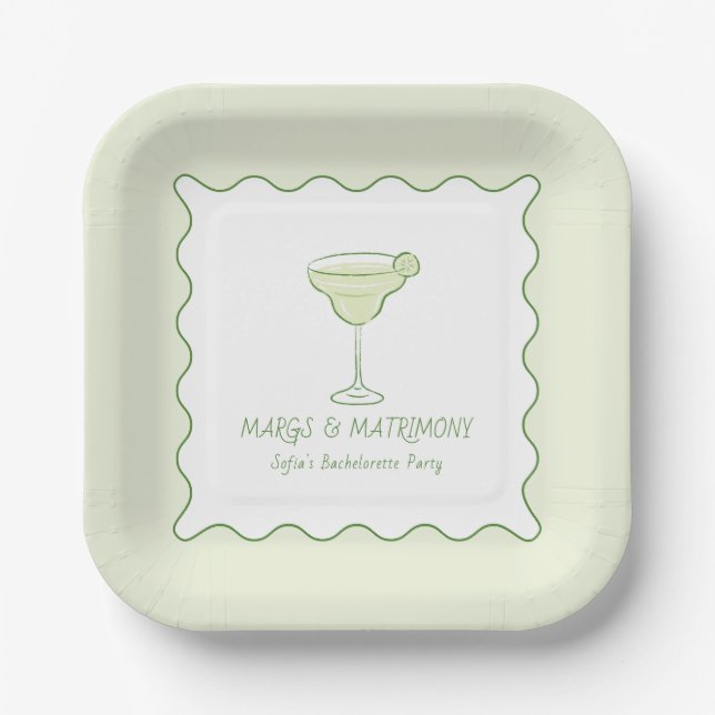 "Margs & Matrimony" Modern Lime Bachelorette Party Paper Plate (Front)