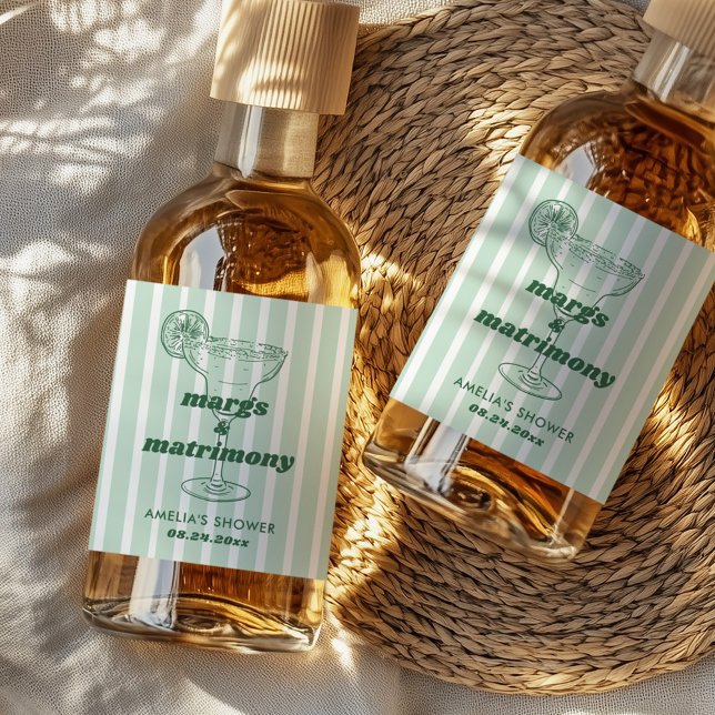 Margs & Matrimony Retro Bachelorette Bridal Shower Liquor Bottle Label (Creator Uploaded)