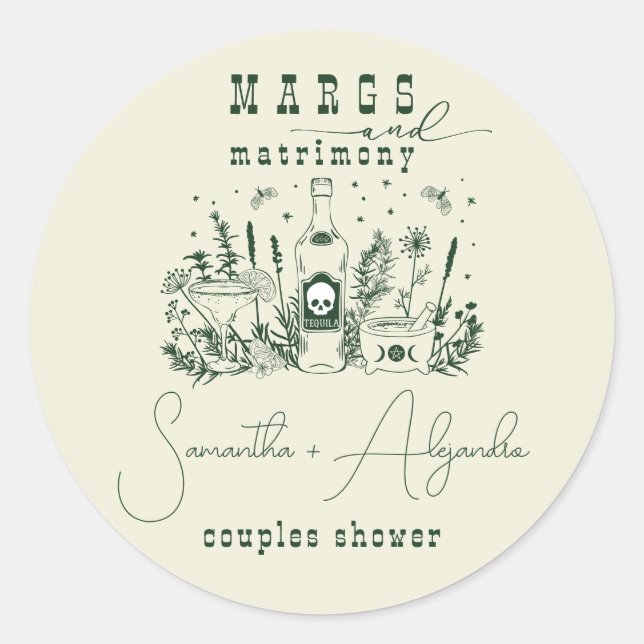 Margs Matrimony Skull Mexican Fiesta Couple Shower Classic Round Sticker (Front)