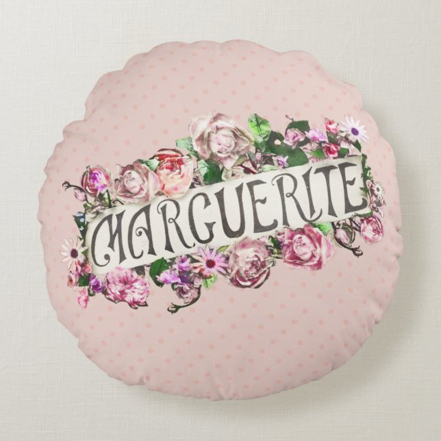 Marguerite Name Pretty Girly Floral Baby Shower Round Cushion (Front)