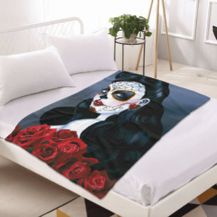Maria Sugar Skull Red Roses Fleece Blanket