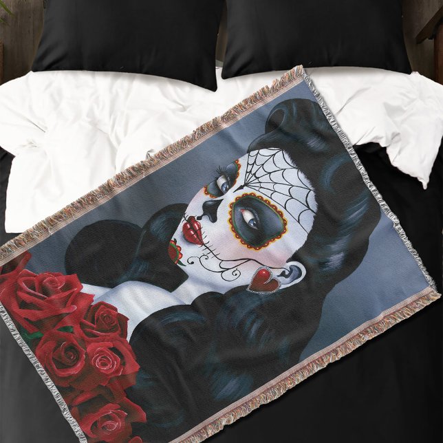 Maria Sugar Skull Red Roses Throw Blanket (Creator Uploaded)