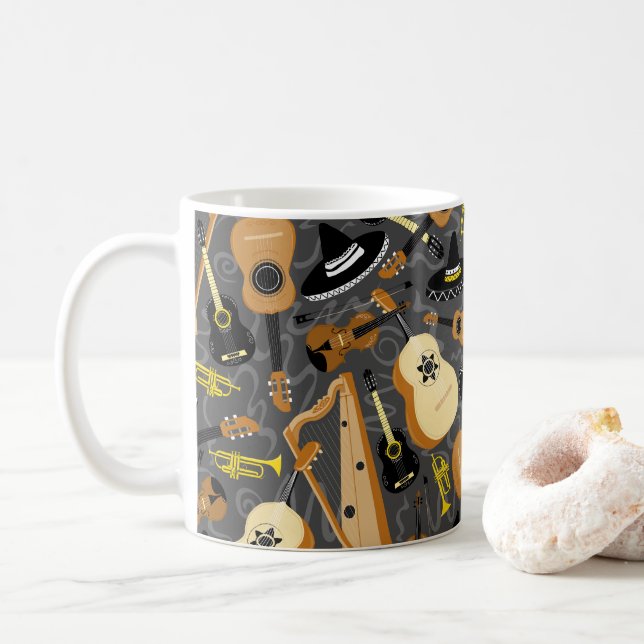 Mariachi Band Cartoon Instruments Coffee Mug (With Donut)