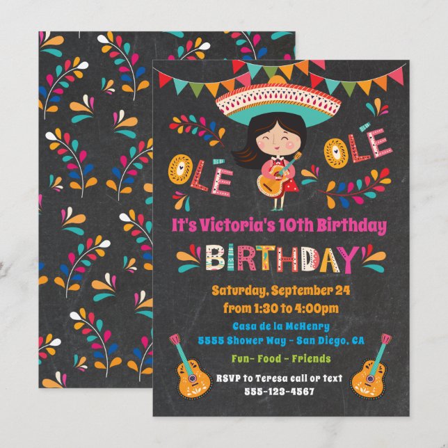 Mariachi Girl Mexcian Fiesta Birthday Party Invitation (Front/Back)