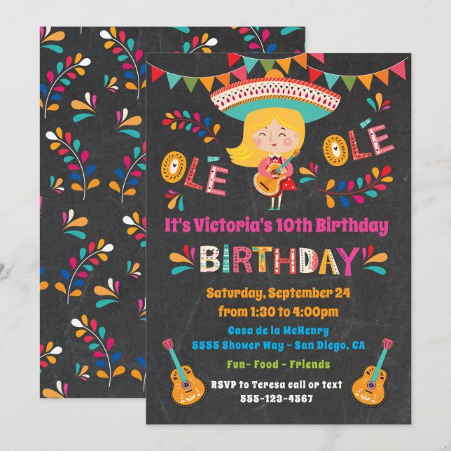 Mariachi Girl Mexcian Fiesta Birthday Party Invitation (Front/Back)