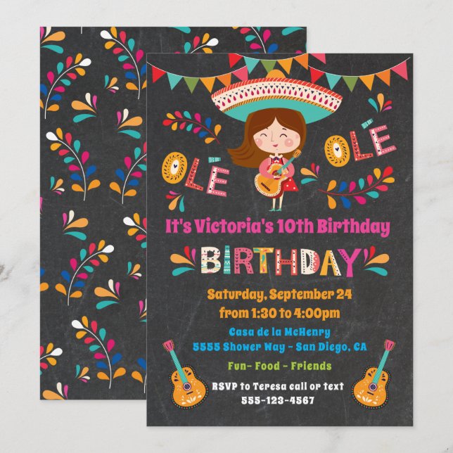 Mariachi Girl Mexcian Fiesta Birthday Party Invitation (Front/Back)