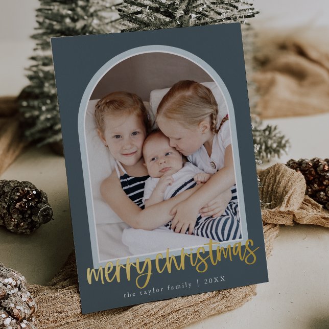 MARIAH Blue Foil Arch Family Photo Merry Christmas Foil Holiday Card (MARIAH Blue Foil Arch Family Photo Merry Christmas Foil Holiday Card)