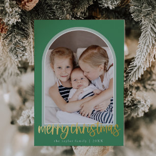 MARIAH Green Gold Foil Arch Photo Merry Christmas Foil Holiday Card