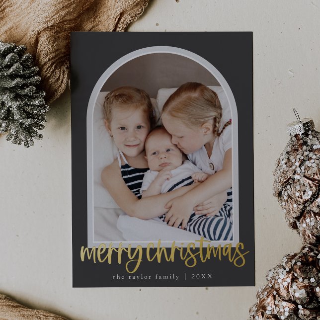 MARIAH Grey Foil Arch Family Photo Merry Christmas Holiday Card (MARIAH Gray Foil Arch Family Photo Merry Christmas Foil Holiday Card)