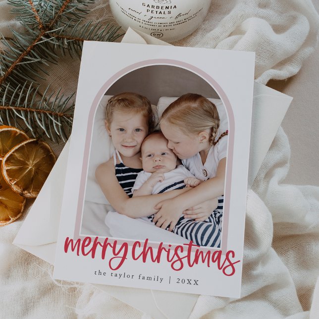 MARIAH Red Pink Arch Family Photo Merry Christmas Holiday Card (MARIAH Red Pink Arch Family Photo Merry Christmas Holiday Card)