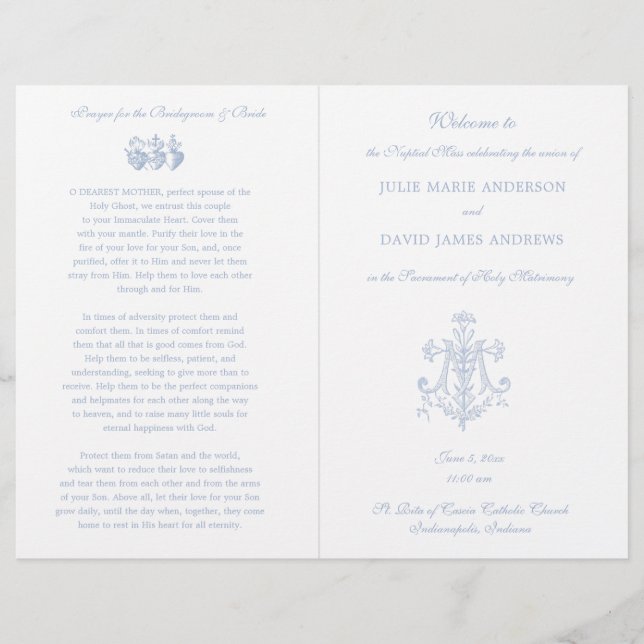 Marian Blue Cross Catholic Wedding Program (Front)