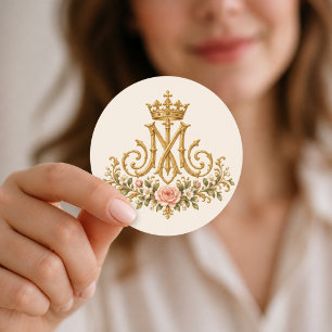 Marian Catholic Floral Gold Monogram Classic Round Sticker