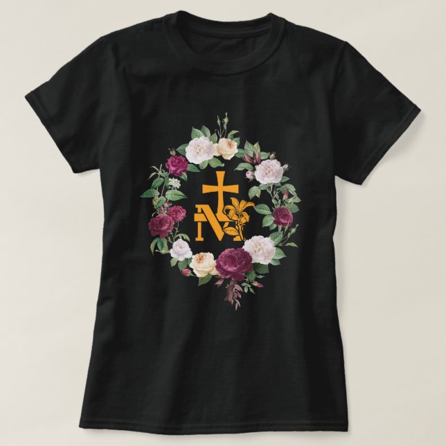 Marian Catholic M & Faith Cross Floral Religious T-Shirt (Design Front)
