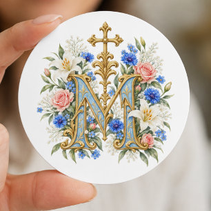 Marian Monogram Catholic Blue Floral Classic Round Sticker
