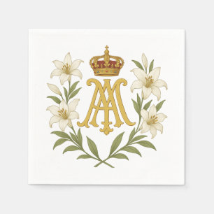 Marian Monogram Gold Crown White Lily Catholic  Napkin