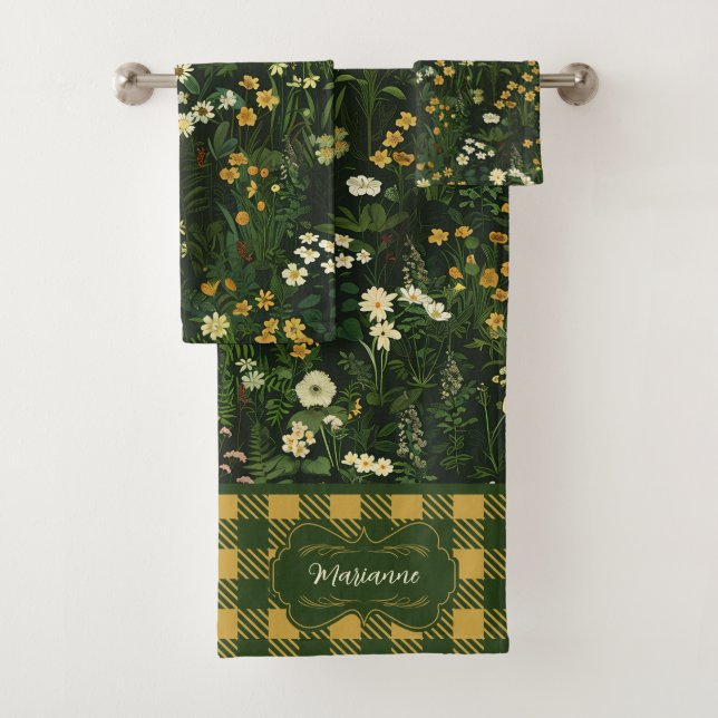 Marianne Dark Daisy Floral Plaid Bath Towel Set (Insitu)