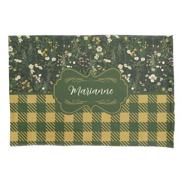 Marianne Dark Daisy Floral Plaid Pillowcase (Front)