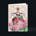 Marie Antoinette Birthday Card<br><div class="desc">A delightful card featuring Marie Antoinette holding a birthday banner. Beautiful flowers fill the foreground. Taken from an 18th century fashion plate.</div>