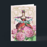 Marie Antoinette Birthday Card<br><div class="desc">A delightful card featuring Marie Antoinette holding a birthday banner. Beautiful flowers fill the foreground. Taken from an 18th century fashion plate.</div>