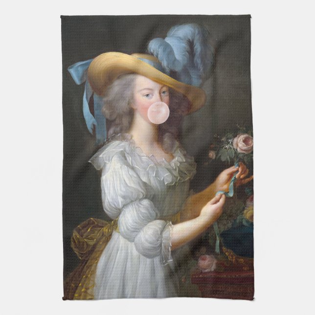 Marie Antoinette blowing a pink bubble gum Tea Towel (Vertical)