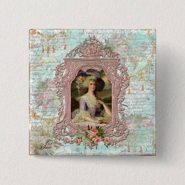 Marie Antoinette in Pink Frame 15 Cm Square Badge (Front)
