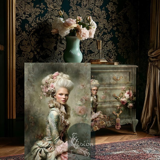 Marie Antoinette Portrait Baroque Pink Roses Tissue Paper (Baroque portrait print on decoupaged dresser in luxury interior with gold damask wallpaper
)