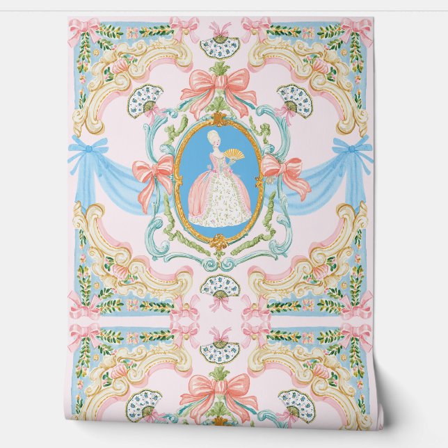 Marie Antoniette Inspired Ornate Rococo Pastels Wallpaper (Unrolling)