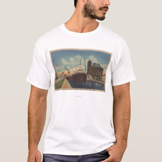Marie, MI - View of Freighter Leaving MacArthur T-Shirt (Front)