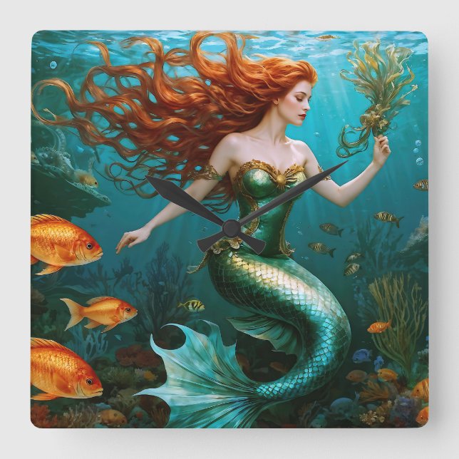 “Marielle” – Beautiful Dancing Mermaid Square Wall Clock (Front)
