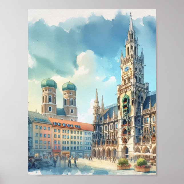 Marienplatz Munich Germany Watercolor Poster (Front)