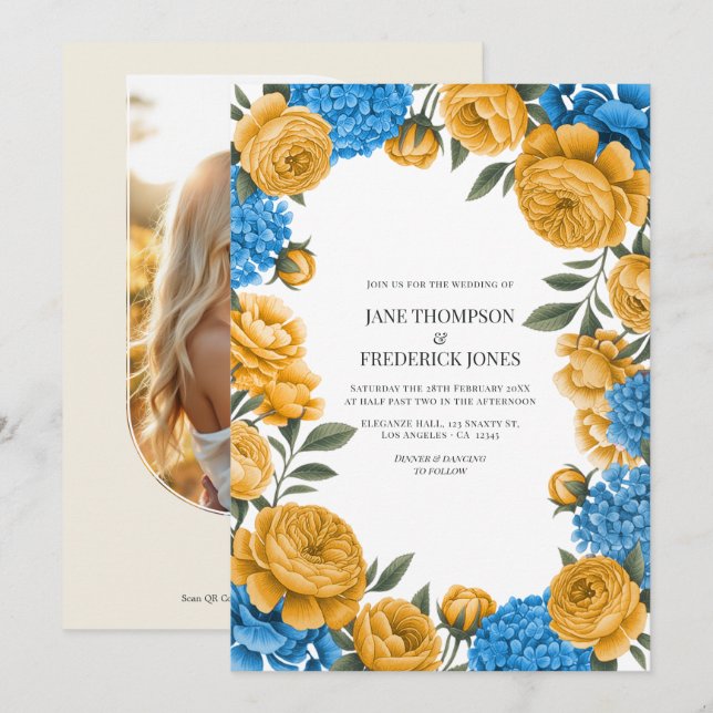 Marigold and French Blue Watercolor Floral Wedding Invitation (Front/Back)