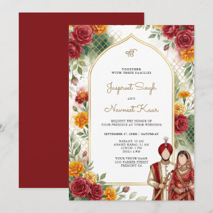 Marigold and Red Roses Arch Floral Sikh Wedding Invitation