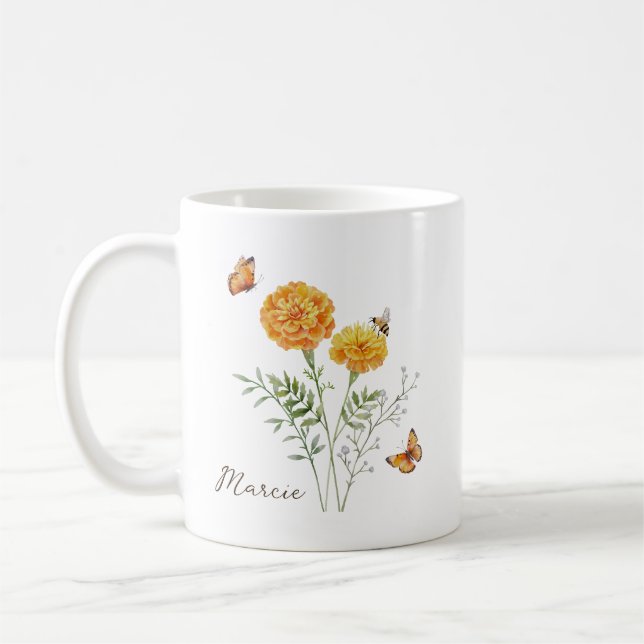 Marigold Birth Month Flower Coffee Mug (Left)