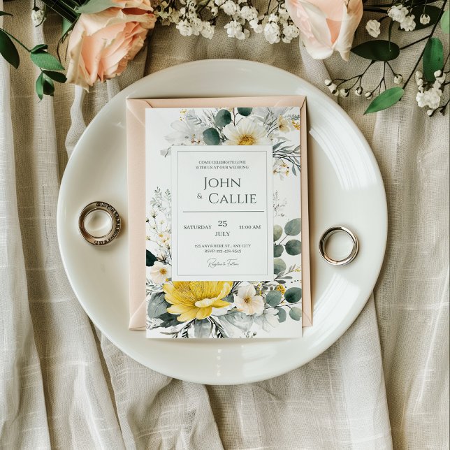 Marigold Bloom Yellow Peony and Eucalyptus Wedding Invitation (Creator Uploaded)