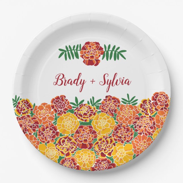 Marigold Bright Floral Add Couple's Names Paper Plate (Front)