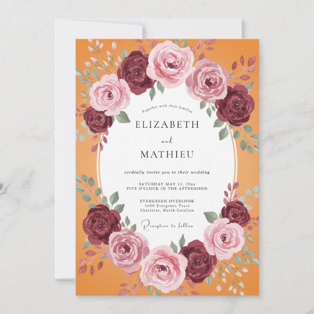 Marigold Burgundy Wreath Wedding Invitation (Front)