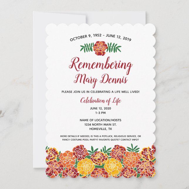 Marigold Floral Memorial Service Celebration Invitation (Front)