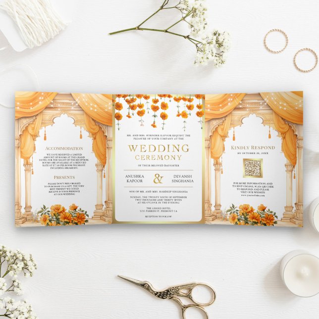 Marigold Floral South Indian Mandap Hindu Wedding Tri-Fold Invitation (Creator Uploaded)