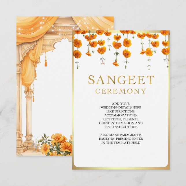 Marigold Floral South Indian Wedding Sangeet Enclosure Card (Front/Back)