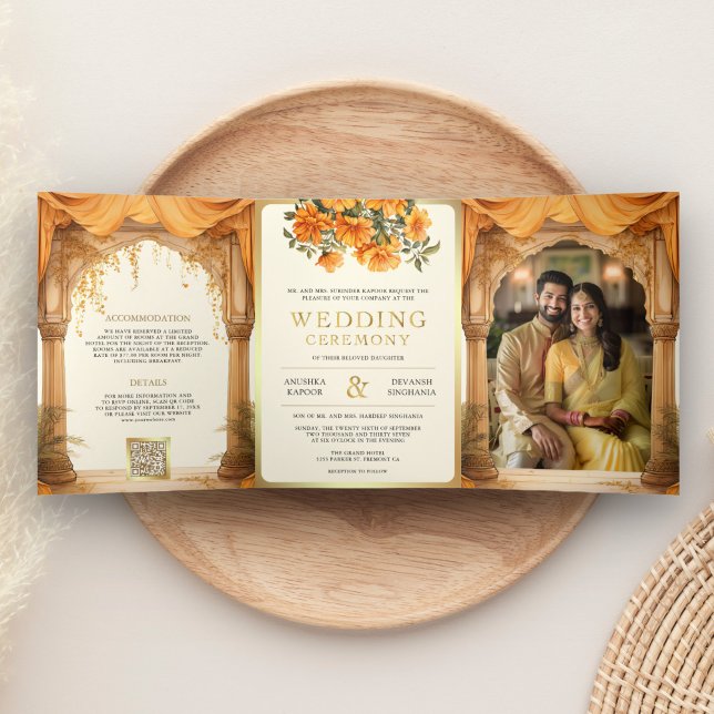 Marigold Floral Yellow South Indian Mandap Wedding Tri-Fold Invitation (Creator Uploaded)