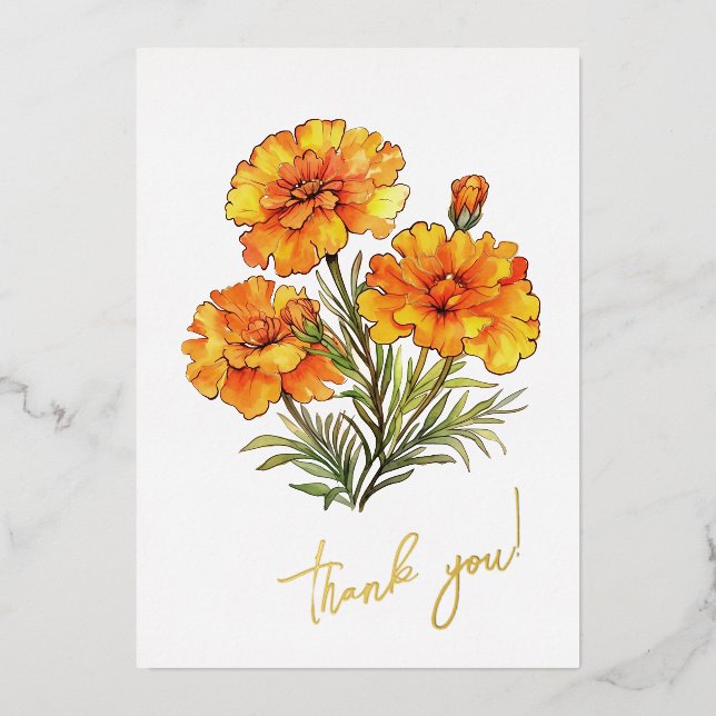 Marigold Flower "Thank you!" Editable Foil Holiday Card (Front)