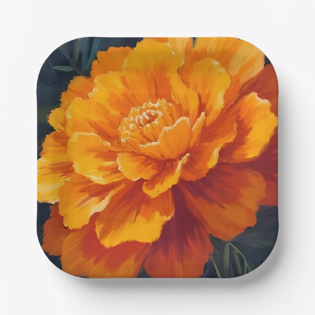 Marigold Flower | Watercolor Floral Painting Paper Plate (Front)