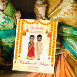 Marigold garlands bells Tamil Telugu save the date<br><div class="desc">Marigold garlands and bells with Tamil Telugu illustration bridal couple in traditional clothes save the date for South Indian wedding.</div>