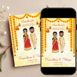 Marigold garlands bells Tamil Telugu save the date Invitation<br><div class="desc">Marigold garlands and bells with Tamil Telugu illustration bridal couple in traditional clothes save the date for South Indian wedding.</div>